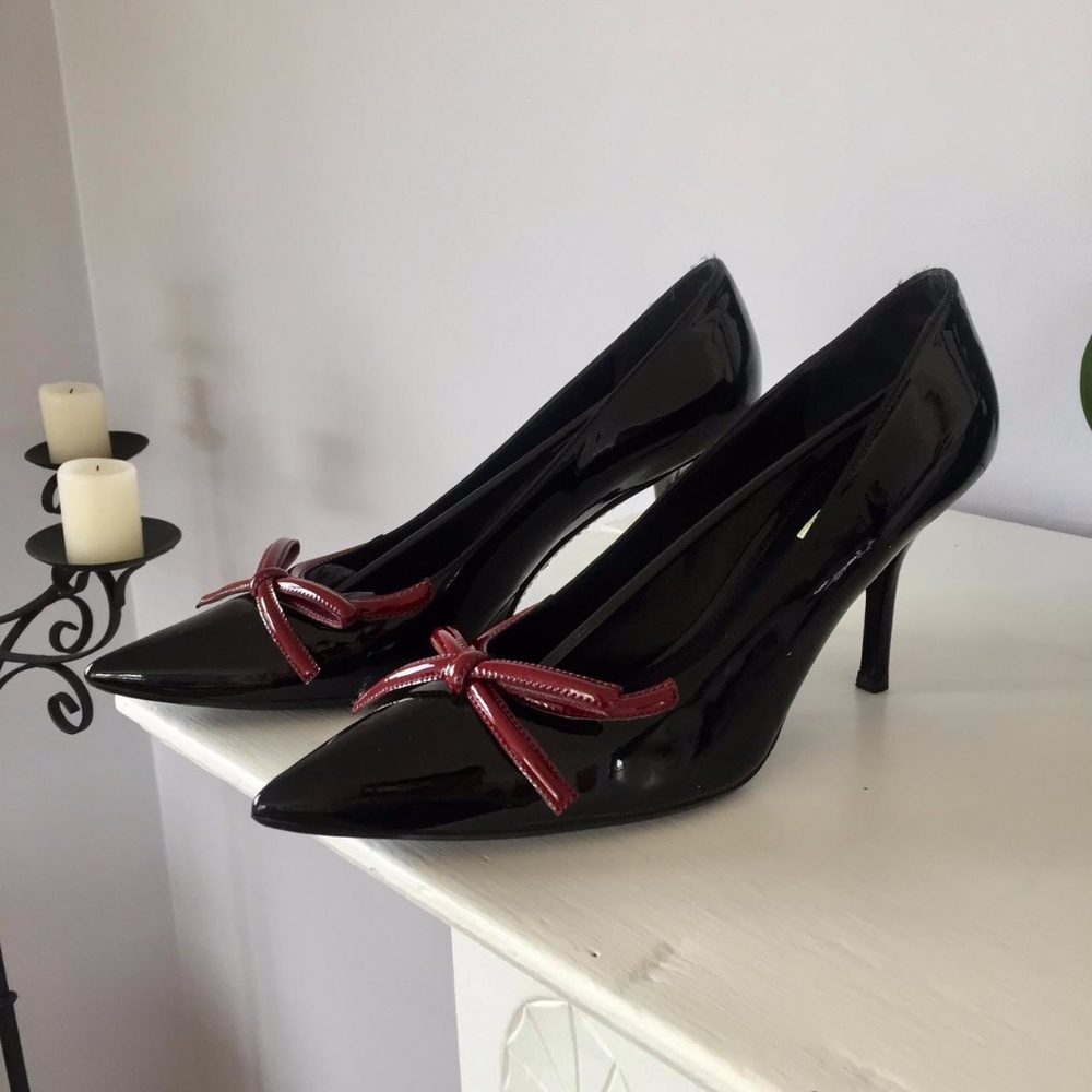 Prada Black Heels with Red Bow